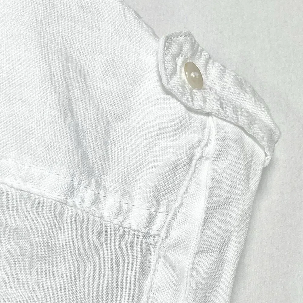 Nicole Miller White 100% Linen V-Neck Popover Top Shirt Roll Tab Short Sleeve